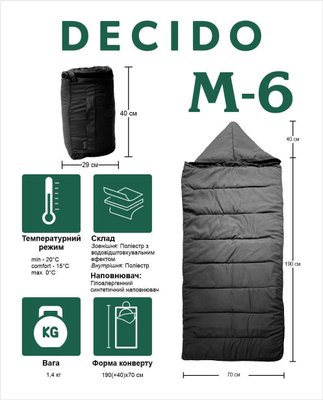 Спальний мішок із капюшоном DECIDO М-6 (зима, 72см) Чорний decidom6b фото